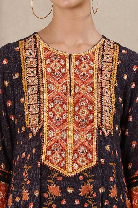 Ritu Kumar_Black Anarkali Cotton Georgette Pant Lycra Printed Set_at_Aza_Fashions