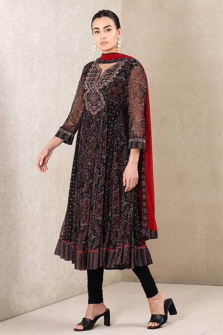 Buy Ritu Kumar Black Kurta Chiffon Leggings Lycra Jersey Anarkali Set Online at Aza Fashions Buy_Ritu Kumar_Black Kurta Chiffon Leggings Lycra Jersey Anarkali Set_Online_at_Aza_Fashions