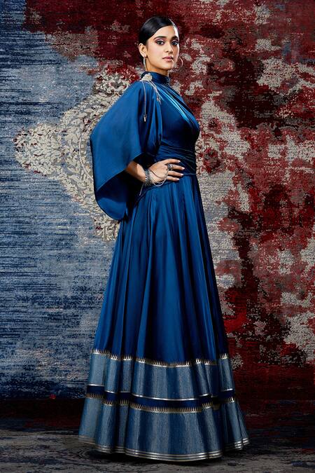 Shantnu Nikhil_Blue Draped Anarkali Gown_Online_at_Aza_Fashions