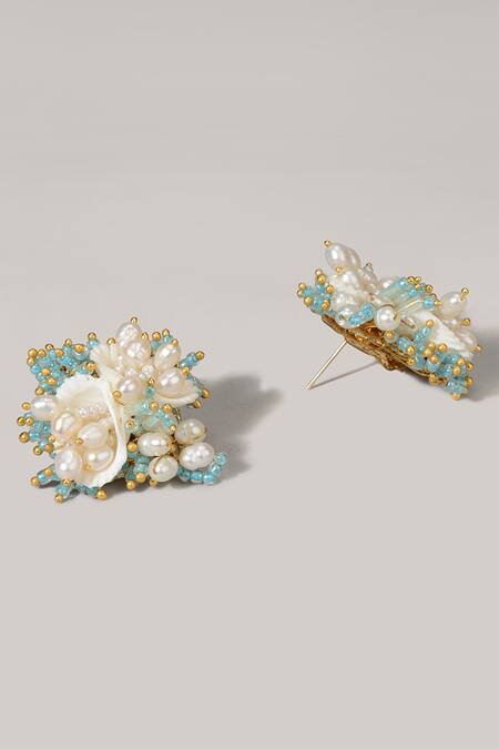 House Of D"Oro_Blue Stone Juniper Shell Studs_Online_at_Aza_Fashions