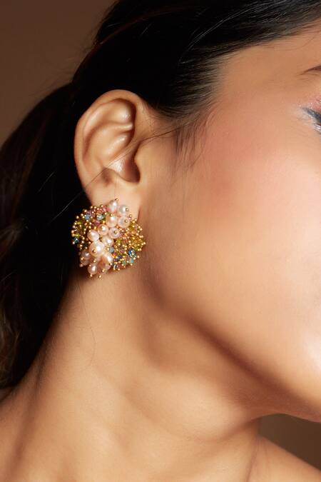Buy House Of D"Oro Multi Color Beads Cluster Stud Earrings at Aza Fashions Buy_House Of D"Oro_Multi Color Beads Cluster Stud Earrings_at_Aza_Fashions