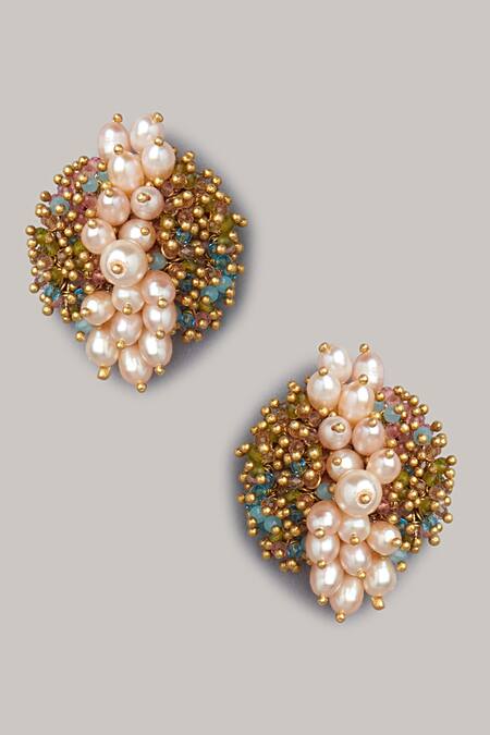 Shop House Of D"Oro Multi Color Beads Cluster Stud Earrings at Aza Fashions Shop_House Of D"Oro_Multi Color Beads Cluster Stud Earrings_at_Aza_Fashions