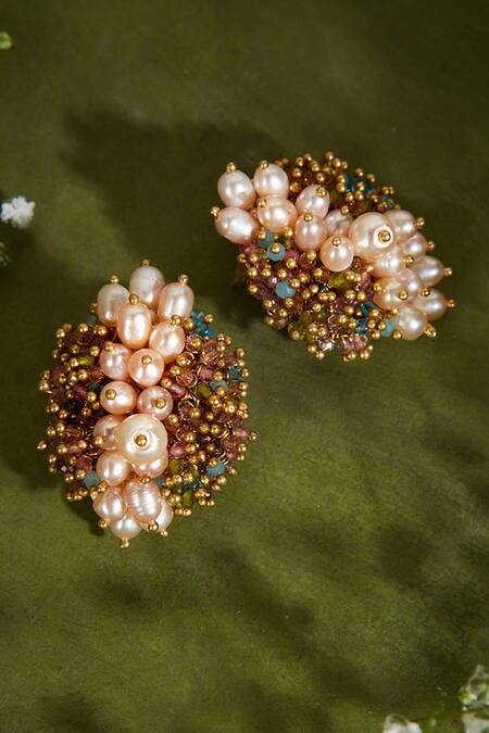 Buy House Of D"Oro Multi Color Beads Cluster Stud Earrings Online at Aza Fashions Buy_House Of D"Oro_Multi Color Beads Cluster Stud Earrings_Online_at_Aza_Fashions