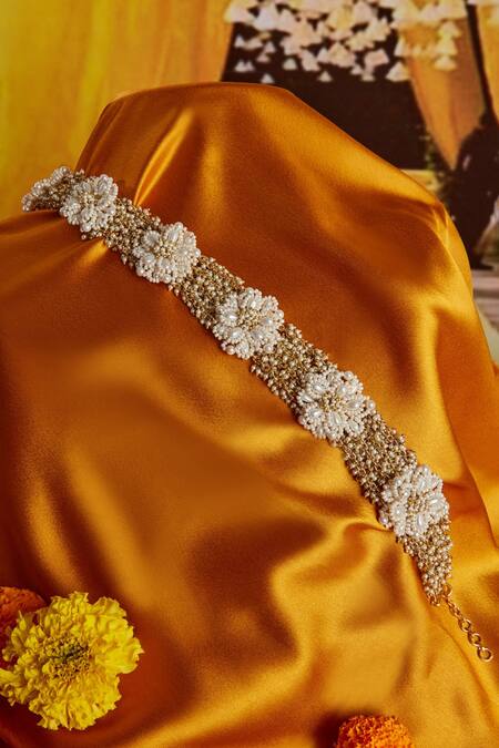 Buy House Of D"Oro White Beads Handmade Floral Mathapatti Online at Aza Fashions Buy_House Of D"Oro_White Beads Handmade Floral Mathapatti_Online_at_Aza_Fashions