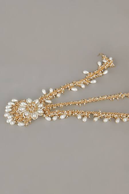 House Of D"Oro_White Pearls Floral Embellished Mathapatti_Online_at_Aza_Fashions