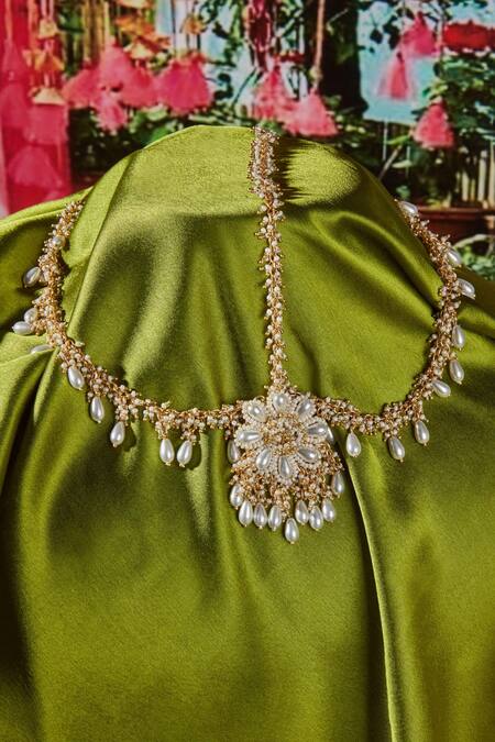 Buy_House Of D"Oro_White Pearls Floral Embellished Mathapatti_Online_at_Aza_Fashions