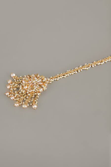 House Of D"Oro_Gold Plated Pearls Handmade Maangtikka_Online_at_Aza_Fashions