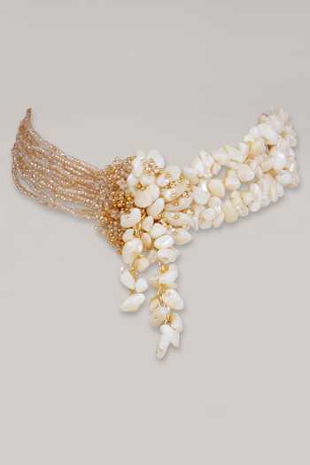 House Of D"Oro_White Tassel Shells And Beads Sampaguita Studded Stone Choker Set_Online_at_Aza_Fashions