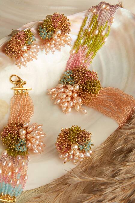 Buy_House Of D"Oro_Multi Color Semi-precious Stones And Pearls Layered Choker Set_Online_at_Aza_Fashions