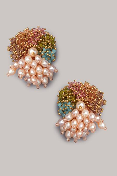 Shop_House Of D"Oro_Multi Color Semi-precious Stones And Pearls Layered Choker Set_Online_at_Aza_Fashions