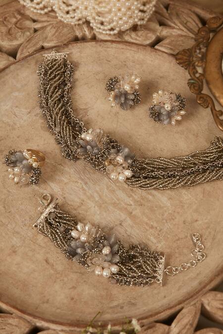 Buy_House Of D"Oro_Grey Beads Handmade Embellished Choker Set_Online_at_Aza_Fashions