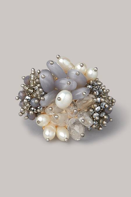 House Of D"Oro_Grey Beads Handmade Embellished Choker Set_at_Aza_Fashions