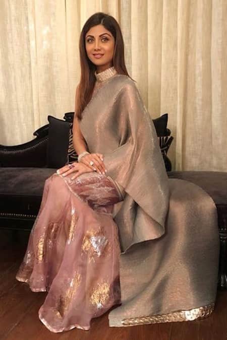 Kiran Uttam Ghosh_Gold Zari High Neck Collar Pre-draped Saree With Blouse  _Online_at_Aza_Fashions