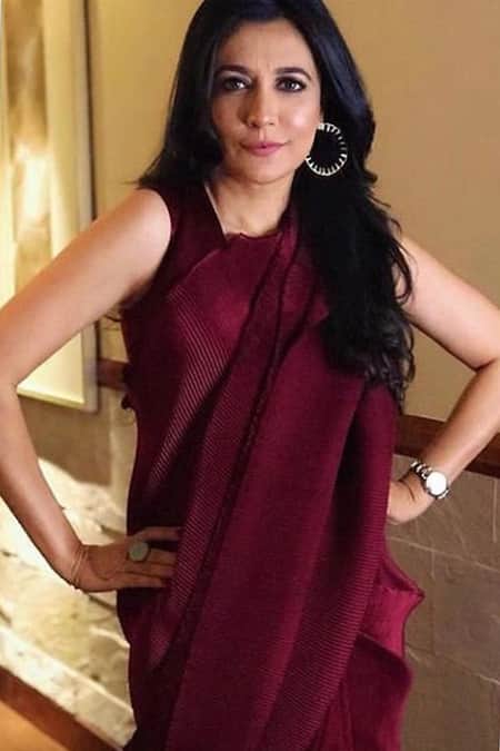 Shop Kiran Uttam Ghosh Maroon Polyester Pleated Saree at Aza Fashions Shop_Kiran Uttam Ghosh_Maroon Polyester Pleated Saree _at_Aza_Fashions