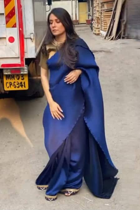 Shop Kiran Uttam Ghosh Blue Polyester Pleated Saree at Aza Fashions Shop_Kiran Uttam Ghosh_Blue Polyester Pleated Saree _at_Aza_Fashions