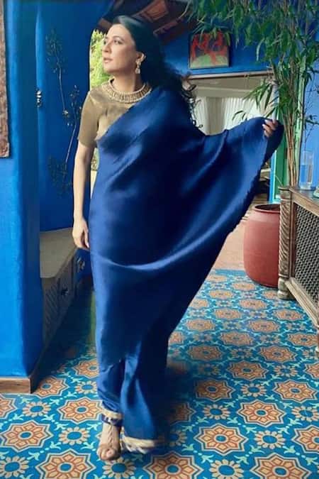 Kiran Uttam Ghosh Blue Polyester Pleated Saree Online at Aza Fashions Kiran Uttam Ghosh_Blue Polyester Pleated Saree _Online_at_Aza_Fashions