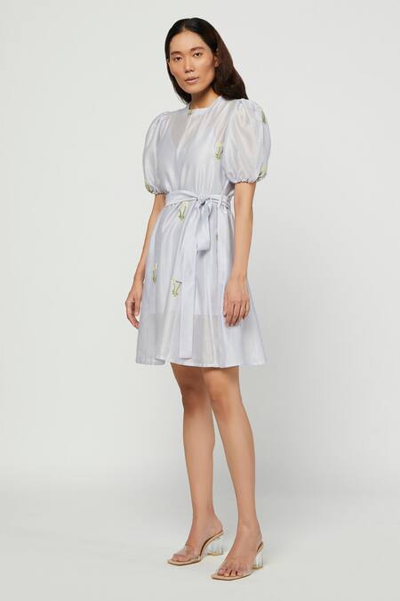 Buy Meadow Blue Silk Chanderi Round Embroidered Short Dress Online at Aza Fashions Buy_Meadow_Blue Silk Chanderi Round Embroidered Short Dress _Online_at_Aza_Fashions