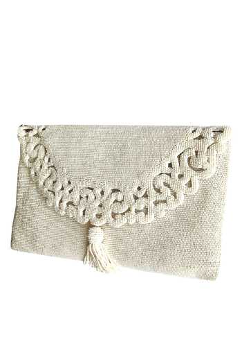 Kokommo_White Embroidery, Tassels The Beaded Cutwork Pochette Clutch _Online_at_Aza_Fashions
