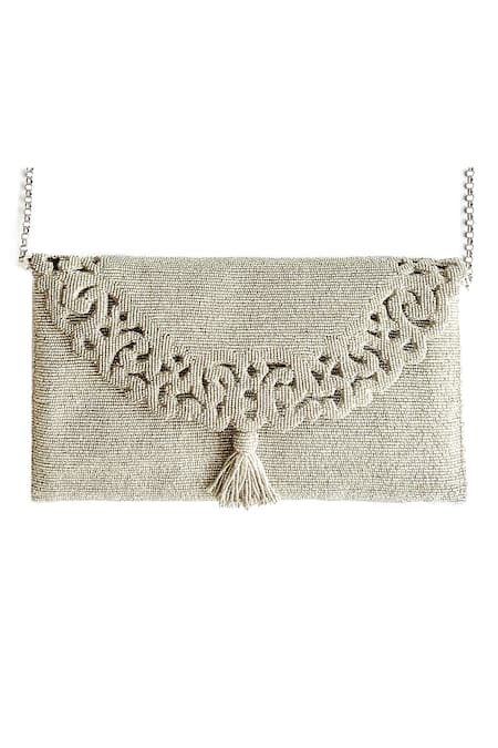 Kokommo Silver Embroidery, Tassels The Beaded Cutwork Pochette Clutch  2