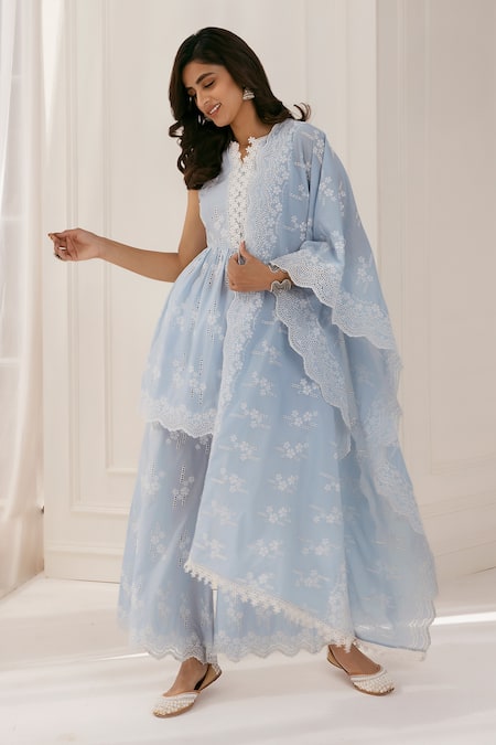 Mulmul Blue Mulmul Cotton Embroidered Thread Work Kurta Palazzo Set 