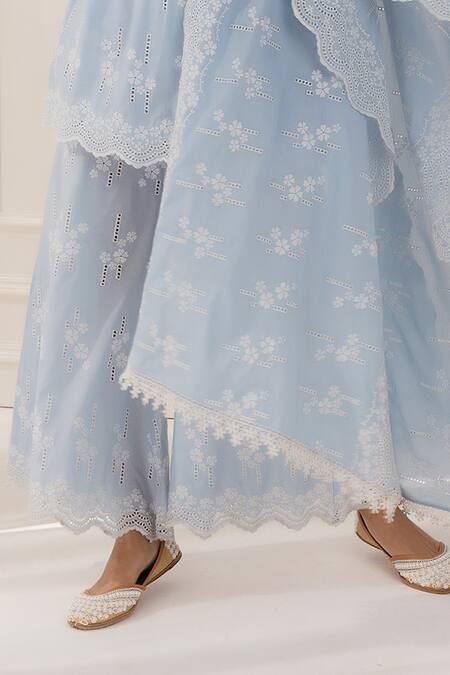 Shop_Mulmul_Blue Mulmul Cotton Embroidered Thread Work Kurta Palazzo Set _Online_at_Aza_Fashions