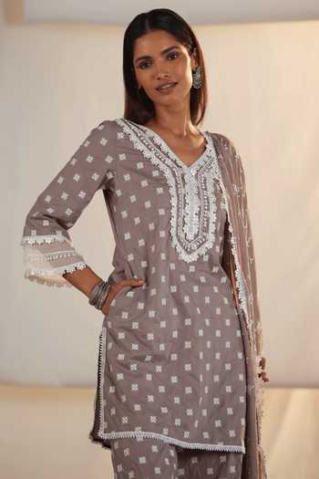 Mulmul_Grey 100% Pure Pima Cotton Embroidered Adaline Kurta And Gharara Set _Online_at_Aza_Fashions