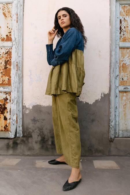 Ayaka_Blue 100% Cotton Corduroy, 100% Mulberry Silk Collared Neck Raglan Tunic_Online_at_Aza_Fashions