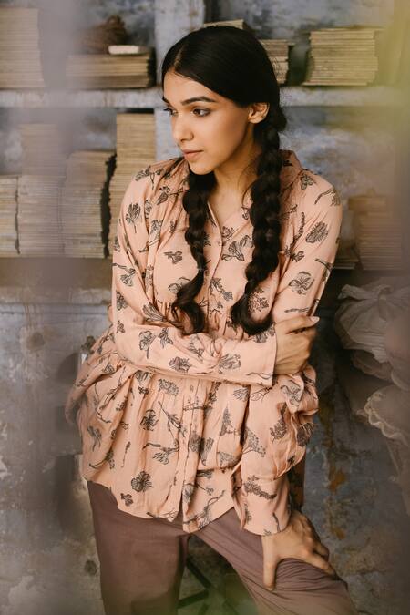 Buy_Ayaka_Peach 100% Soy Organic Cotton Collared Neck Printed Tunic_Online_at_Aza_Fashions