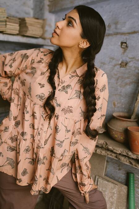 Shop_Ayaka_Peach 100% Soy Organic Cotton Collared Neck Printed Tunic_Online_at_Aza_Fashions