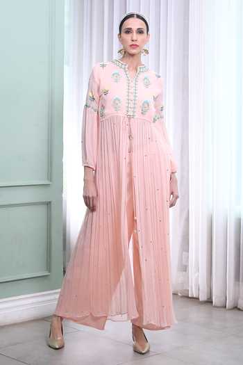 Georgette Floral Resham Embroidered Front Slit Long Kurta with Flared Palazzo