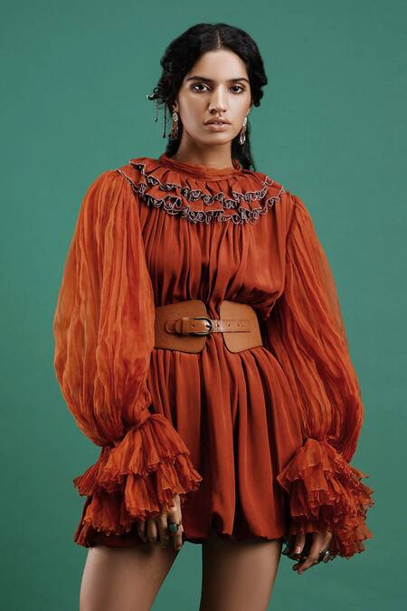 Shop Nidhi Yasha Orange Viscose Embroidery Round Pleated Dress Online at Aza Fashions Shop_Nidhi Yasha_Orange Viscose Embroidery Round Pleated Dress _Online_at_Aza_Fashions