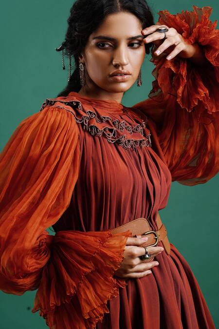 Nidhi Yasha Orange Viscose Embroidery Round Pleated Dress at Aza Fashions Nidhi Yasha_Orange Viscose Embroidery Round Pleated Dress _at_Aza_Fashions