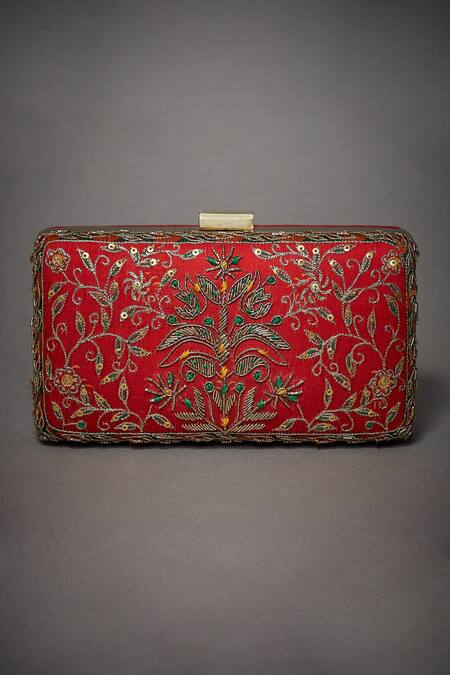 RI.Ritu Kumar Red Embroidered Box Clutch Online at Aza Fashions RI.Ritu Kumar_Red Embroidered Box Clutch_Online_at_Aza_Fashions