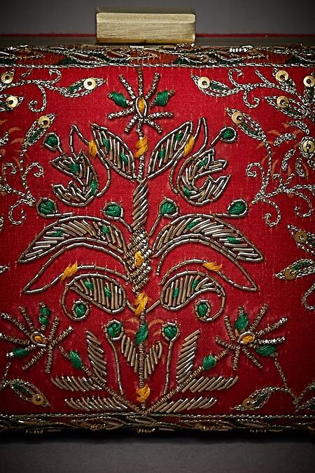 Shop RI.Ritu Kumar Red Embroidered Box Clutch Online at Aza Fashions Shop_RI.Ritu Kumar_Red Embroidered Box Clutch_Online_at_Aza_Fashions