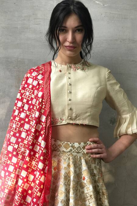 I Am Design_Off White Silk Round Printed And Embroidered Lehenga Set _Online_at_Aza_Fashions