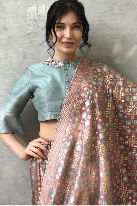 Buy_I Am Design_Blue Silk Ikkat Round Flared Sleeve Hem Blouse With Printed Saree _Online_at_Aza_Fashions