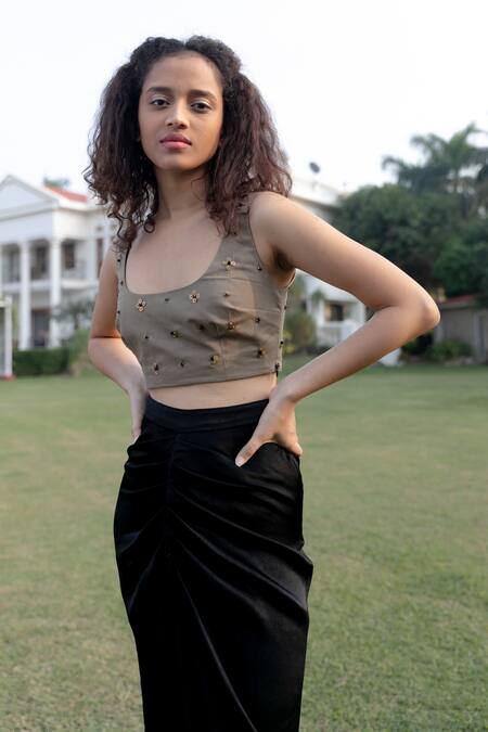 Kavya Singh Kundu Beige Cotton, Silk, Satin Sequins Scoop Neck Foxy Crop Top With Draped Skirt Online at Aza Fashions Kavya Singh Kundu_Beige Cotton, Silk, Satin Sequins Scoop Neck Foxy Crop Top With Draped Skirt _Online_at_Aza_Fashions