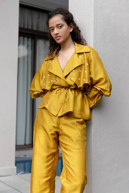 Kavya Singh Kundu Yellow Silk Beads Collared Raa Mulberry Jacket Top With Pant Online at Aza Fashions Kavya Singh Kundu_Yellow Silk Beads Collared Raa Mulberry Jacket Top With Pant _Online_at_Aza_Fashions