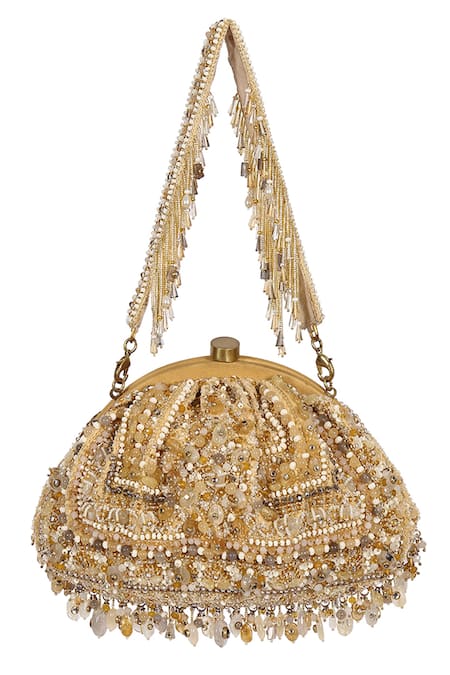 Shop Lovetobag Gold Embellished Amara Soft Pouch With Handle at Aza Fashions Shop_Lovetobag_Gold Embellished Amara Soft Pouch With Handle _at_Aza_Fashions
