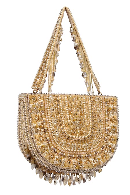 Shop Lovetobag Gold Embroidery, Beads, Stones Amara Moon Clutch With Handle at Aza Fashions Shop_Lovetobag_Gold Embroidery, Beads, Stones Amara Moon Clutch With Handle _at_Aza_Fashions
