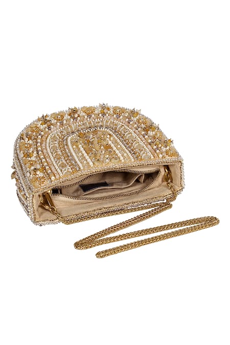 Shop Lovetobag Gold Embroidery, Beads, Stones Amara Moon Clutch With Handle Online at Aza Fashions Shop_Lovetobag_Gold Embroidery, Beads, Stones Amara Moon Clutch With Handle _Online_at_Aza_Fashions