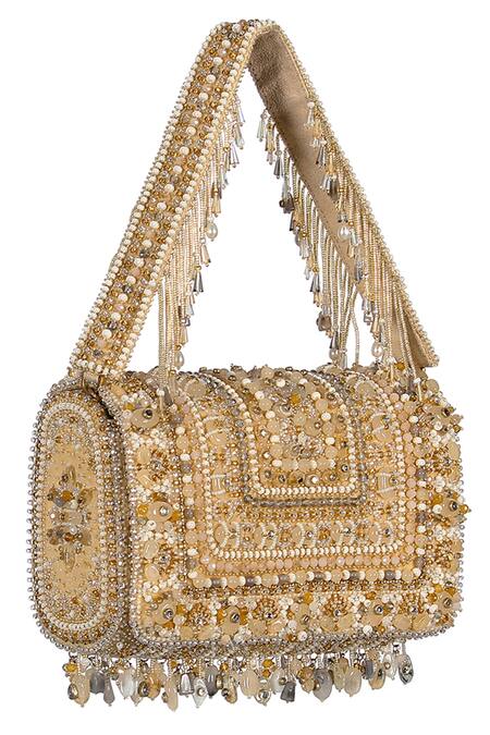 Shop Lovetobag Gold Beads, Tassels, Stones Amara Flapover Clutch With Handle at Aza Fashions Shop_Lovetobag_Gold Beads, Tassels, Stones Amara Flapover Clutch With Handle _at_Aza_Fashions