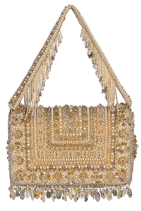 Lovetobag Gold Beads, Tassels, Stones Amara Flapover Clutch With Handle Online at Aza Fashions Lovetobag_Gold Beads, Tassels, Stones Amara Flapover Clutch With Handle _Online_at_Aza_Fashions