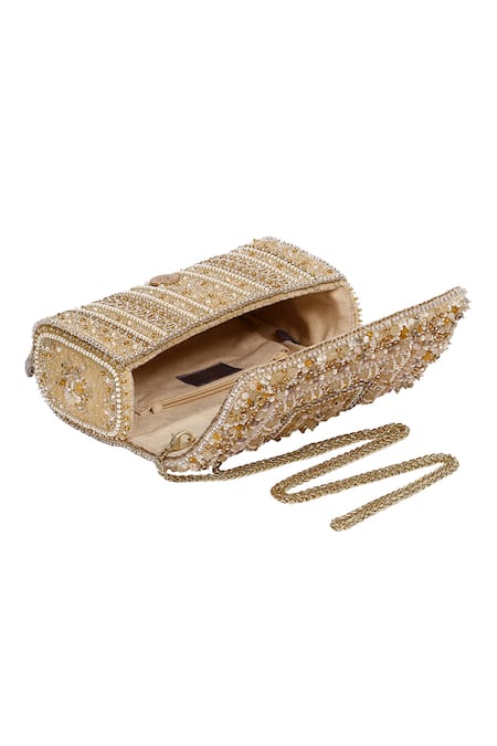 Shop Lovetobag Gold Beads, Tassels, Stones Amara Flapover Clutch With Handle Online at Aza Fashions Shop_Lovetobag_Gold Beads, Tassels, Stones Amara Flapover Clutch With Handle _Online_at_Aza_Fashions
