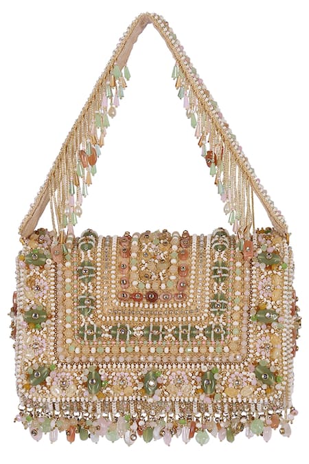 Lovetobag_Multi Color Beads, Stones, Tassels Amara Flapover Clutch With Handle _Online_at_Aza_Fashions
