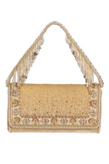 Lovetobag_Gold Beads, Embroidery Amara Clutch With Handle _Online_at_Aza_Fashions