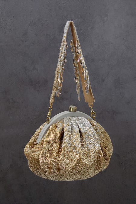 Shop Lovetobag Gold Embellished Eclat Soft Pouch With Handle at Aza Fashions Shop_Lovetobag_Gold Embellished Eclat Soft Pouch With Handle _at_Aza_Fashions
