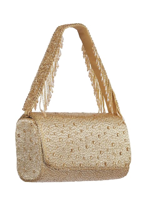 Shop Lovetobag Gold Embellished Eclat Flapover Clutch With Handle at Aza Fashions Shop_Lovetobag_Gold Embellished Eclat Flapover Clutch With Handle _at_Aza_Fashions