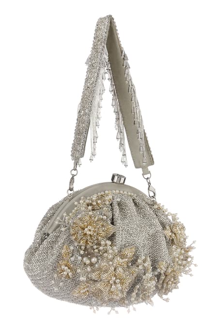 Shop Lovetobag Silver Embellished Esme Soft Pouch With Handle at Aza Fashions Shop_Lovetobag_Silver Embellished Esme Soft Pouch With Handle _at_Aza_Fashions