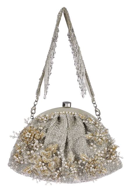 Lovetobag Silver Embellished Esme Soft Pouch With Handle Online at Aza Fashions Lovetobag_Silver Embellished Esme Soft Pouch With Handle _Online_at_Aza_Fashions